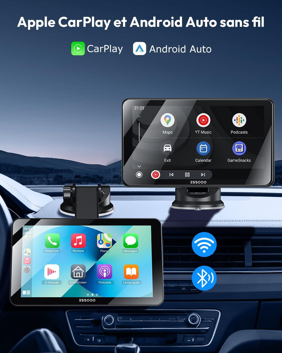 Écran Voiture 7 Pouces CarPlay sans Fil avec Caméra de Recul HD Android Auto Apple CarPlay,Portable Autoradio,Écran Tactile IPS,Mirror Link,Bluetooth 5.3,Commande Vocale,Navigation GPS,AUX