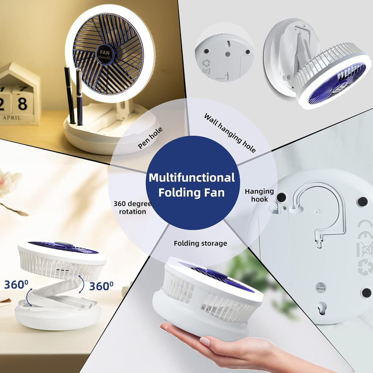 Ventilateur de Table avec Lumière LED Réglable 4 Vitesses Pliable et Suspendu 360 ° Rotation