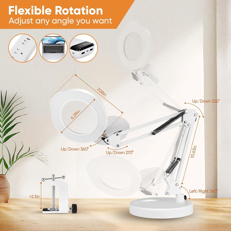 Lampe Loupe 15X, 2-in-1 Lampe de Bureau Loupe Eclairante avec Base et Pince, 5 Modes de Couleur, Gradation en continu, Lampe Loupe LED avec Rotation à 360° Bras Pivotant
