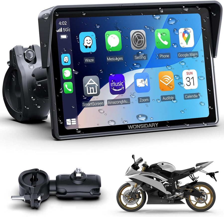 Écran CarPlay Moto sans Fil Compatible avec Apple CarPlay & Android Auto,5 Pouces Écran Tactile Moto Étanche avec Double Bluetooth,Navigation GPS,Commandes Vocales,Égaliseur,Alimentation USB/ACC