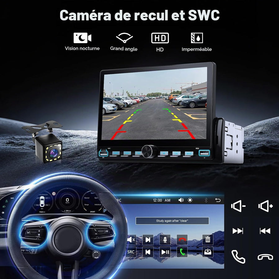 Ecran Carplay sans Fil Autoradio 1Din avec Android Auto, Écran Tactile 7 Pouces Poste Radio Voiture 1 Din Bluetooth, Lien Miroir, FM Type-C/USB/AUX, MP5 Lecteur Vidéo en Ligne avec Caméra Recul