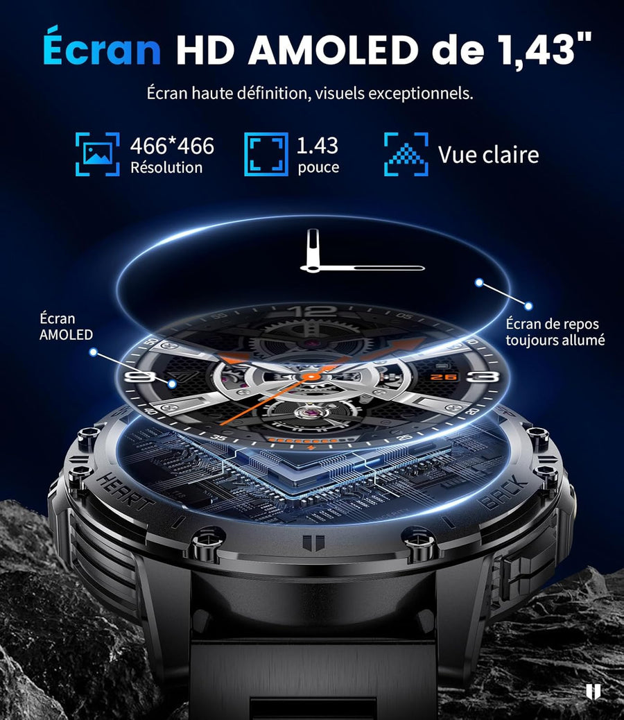 Montre Connectée Homme avec Appels Bluetooth/530 mAh, 1,43" HD AMOLED Smartwatch Homme avec 120+ Modes Sportifs/Moniteur de Fréquence Cardiaque/Sommeil/SpO2, IP68 Étanche Podomètre Android iOS