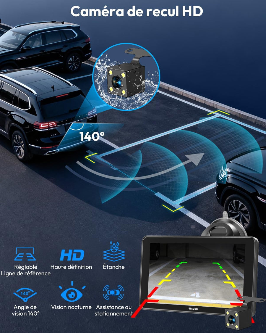 Écran Voiture 7 Pouces CarPlay sans Fil avec Caméra de Recul HD Android Auto Apple CarPlay,Portable Autoradio,Écran Tactile IPS,Mirror Link,Bluetooth 5.3,Commande Vocale,Navigation GPS,AUX