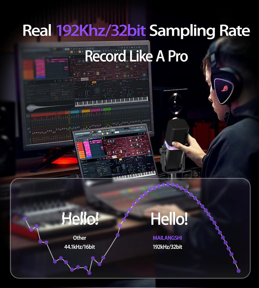 Micro Podcast Dynamique 192KHz/32bit pour PC, USB & XLR avec RGB, Pied, Muet, Tout Métal, Gain/Volume, Micro Gamer pour Livestreaming