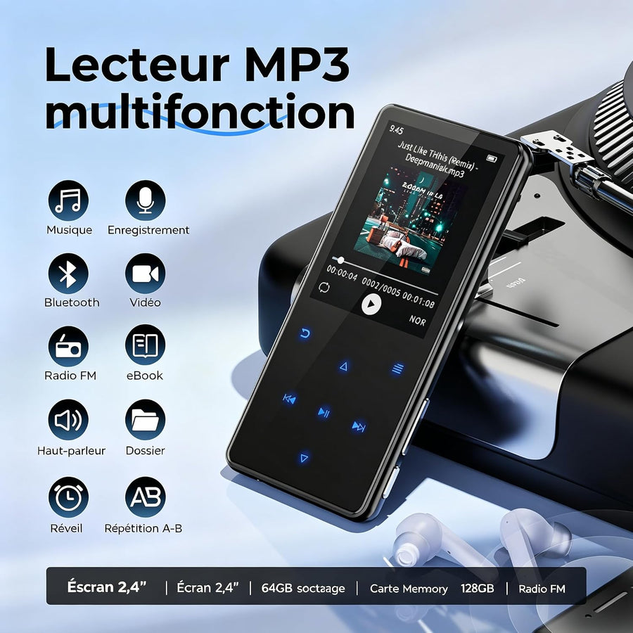 Lecteur MP3 64Go avec Bluetooth 5.3, Haut-Parleur intégré, Écran 2,4 Pouces Avec radio FM, enregistreur,Cadre central en métal,boutons tactiles, compatible avec les cartes mémoire jusqu'à 128 Go