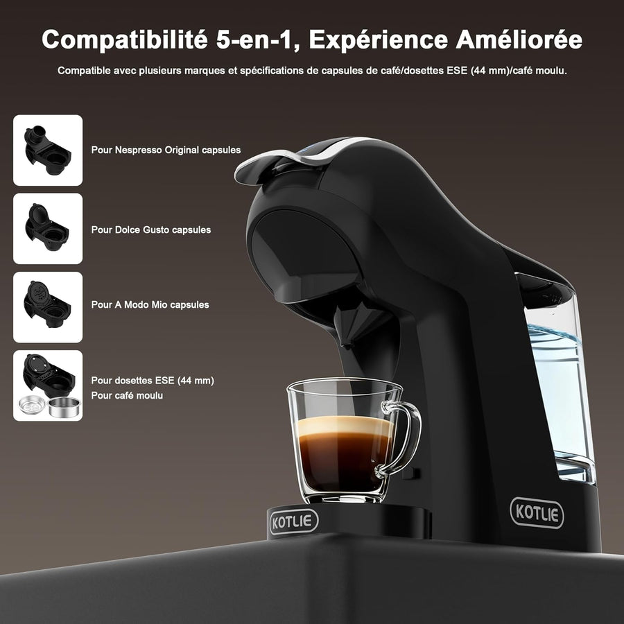 Machine à café à capsules, 5 en 1, 19 bars, multi-capsules pour Nespresso/Dolce Gusto/ESE Pads (44 mm), réservoir d'eau 1 l, 3 températures/7 quantités d'eau