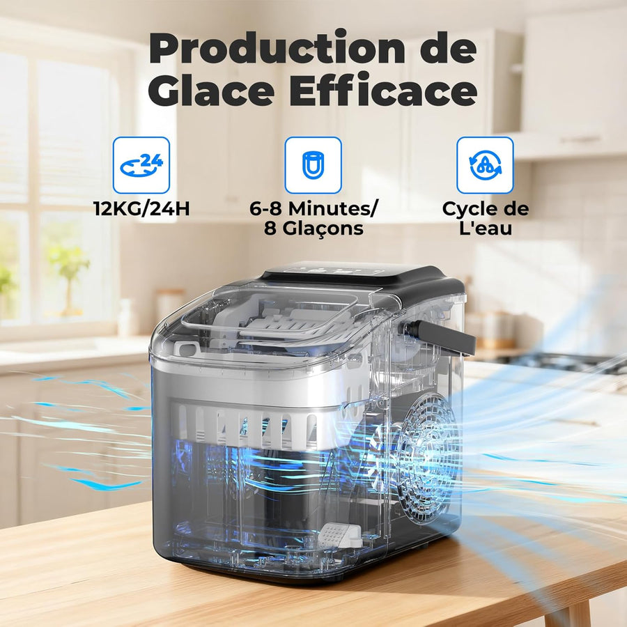 Machine à Glaçons, 12kg en 24h, Portable Machine a Glacons avec Cuillère à Glace, 8 Glaçons en 6-8 Minutes, Autonettoyante