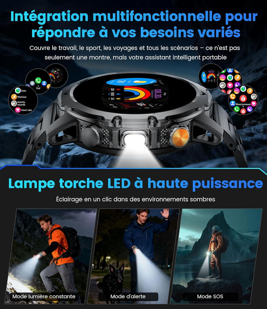 Montre Connectée Homme avec Appel Bluetooth, 1.53" HD AMOLED Smartwatch avec Batterie 1000 mAh(60+Standby Zeit)/Lampe de Poche/120+ Sportifs/Sommeil, IP68, Fitness Montre Connecté iOS Android
