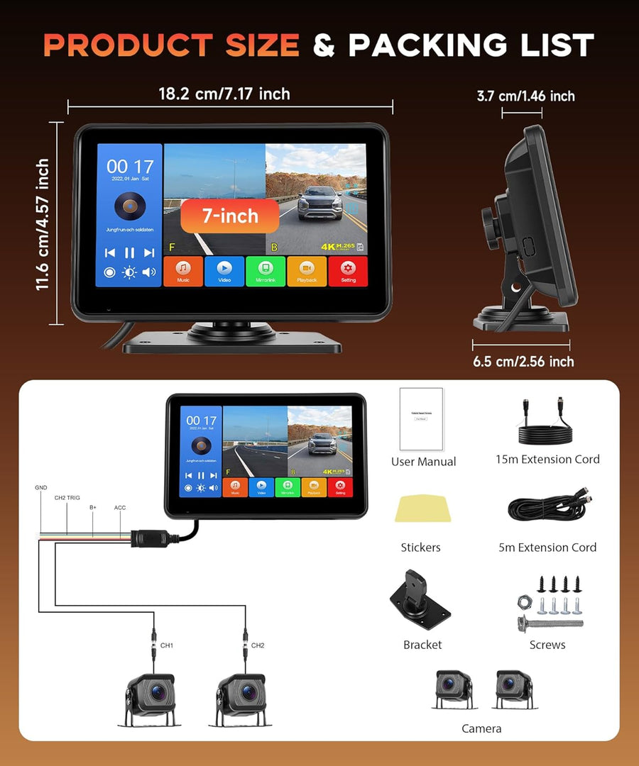 Caméra de Recul 2 Caméras avec Android Mirror LInk, 7 Pouces Moniteur 2 Écran Divisé IP68 Étanche, Vision Nocturne, Loop Video/Ligne Inversée