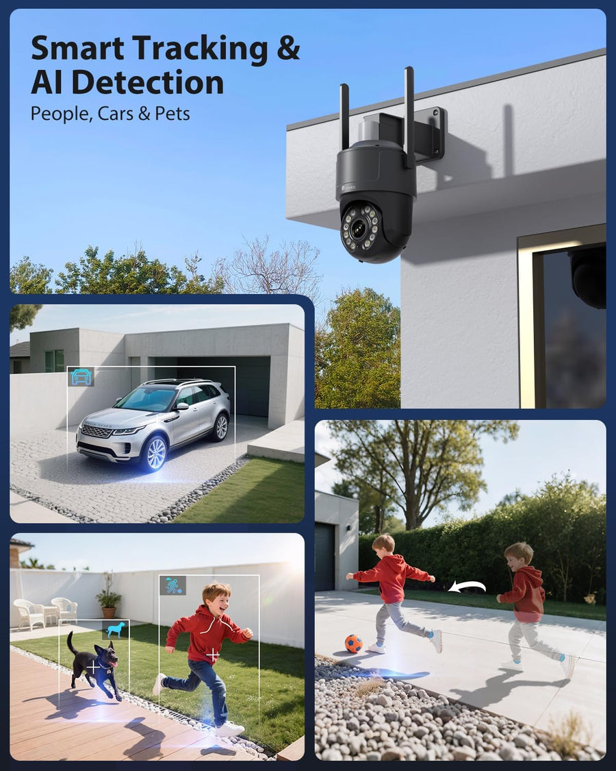 Caméra Surveillance 4K Extérieure avec Zoom Optique 5X, Vision Nocturne Couleur/IR Starlight 50m, Suivi Auto, Lumière Rouge-Bleue & Sirène, WiFi 5G/2,4G, App/PC, SD 256Go/FTP/NAS NOIR