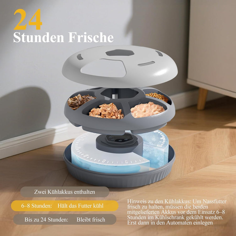 Distributeur automatique de nourriture humide pour chat avec refroidissement : distributeur automatique de nourriture humide pour chats, à piles - 6 repas pour animaux de compagnie