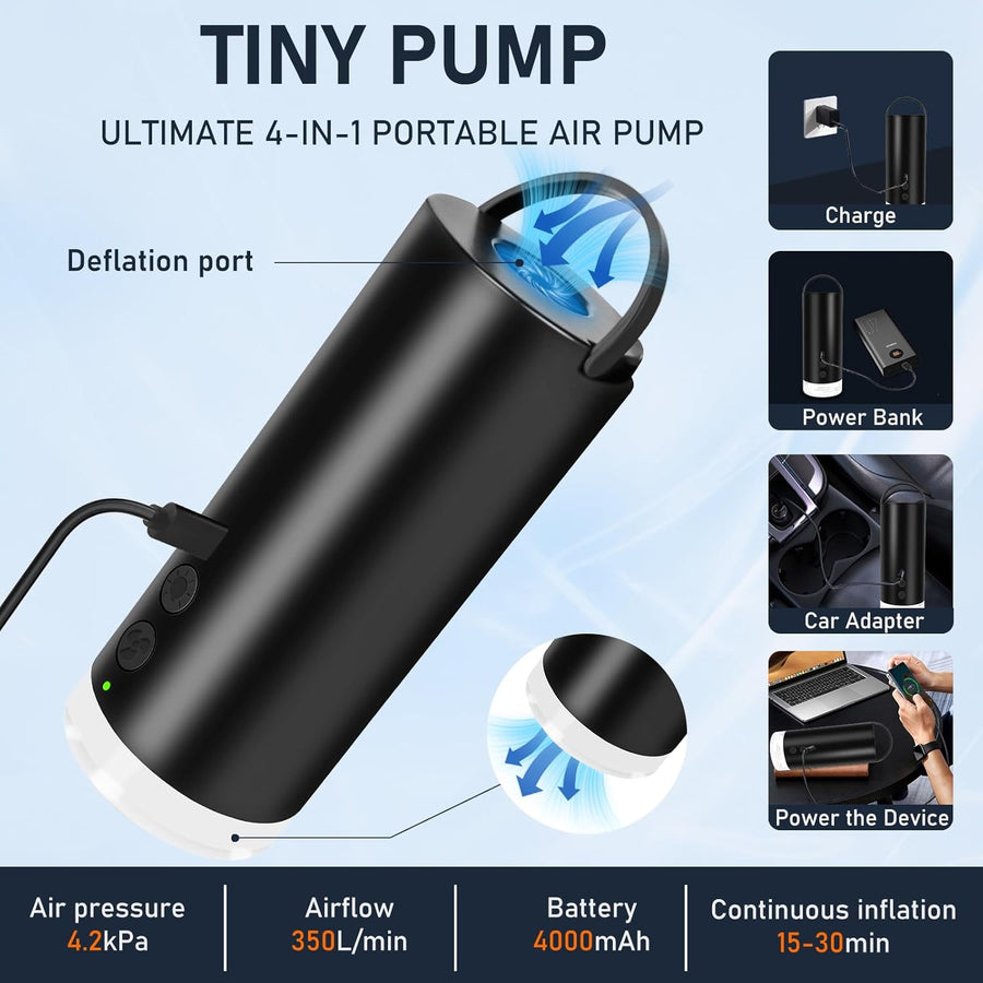 Pompe à Air Électrique Portable 4000mAh avec Lumière LED Gonflage/Dégonflage Rapide pour Matelas Pneumatiques de Camping, Piscines Gonflables, Sacs sous Vide et Accessoires