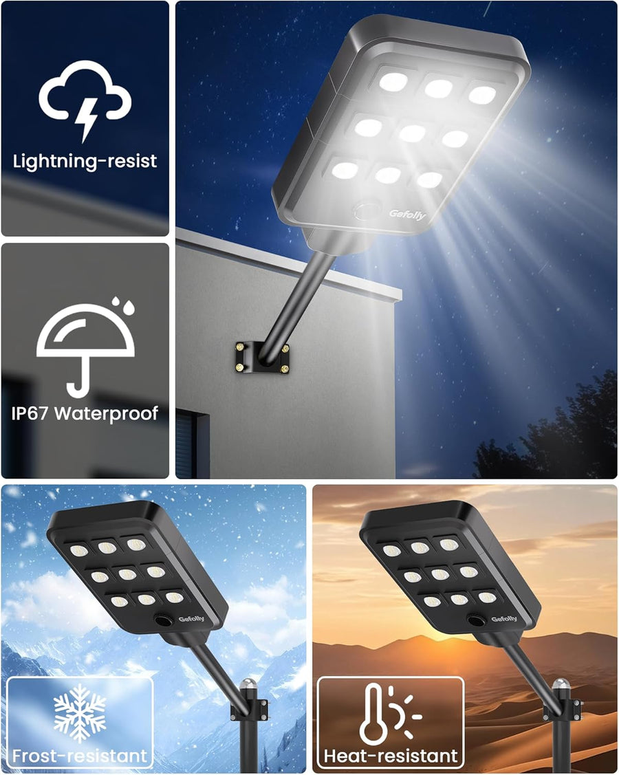 Lampadaire Solaire Exterieur, lumière solaire extérieure Crépuscule à l'Aube IP68 éclairage 6500K inondé LED étanche Projecteur Solaire Puissant pour Rue, Garage, Parking 9T