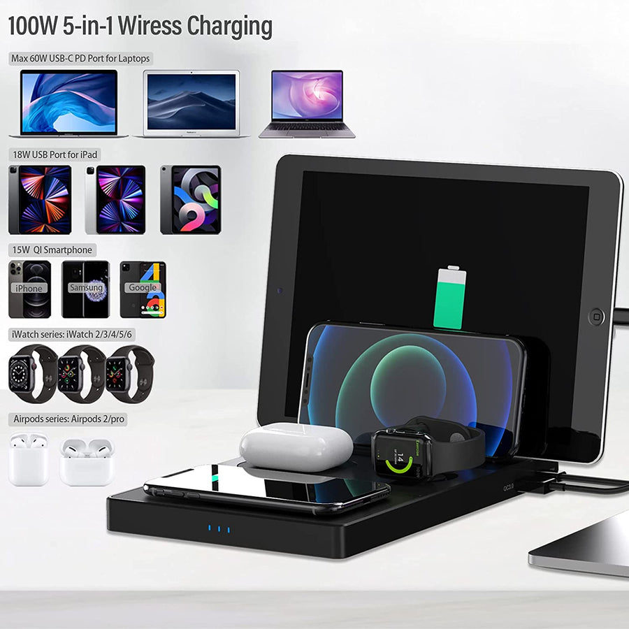 Grand Chargeur Induction 100W Sans Fil Rapide Tablette Smartphone Ecouteurs Montre Connectée