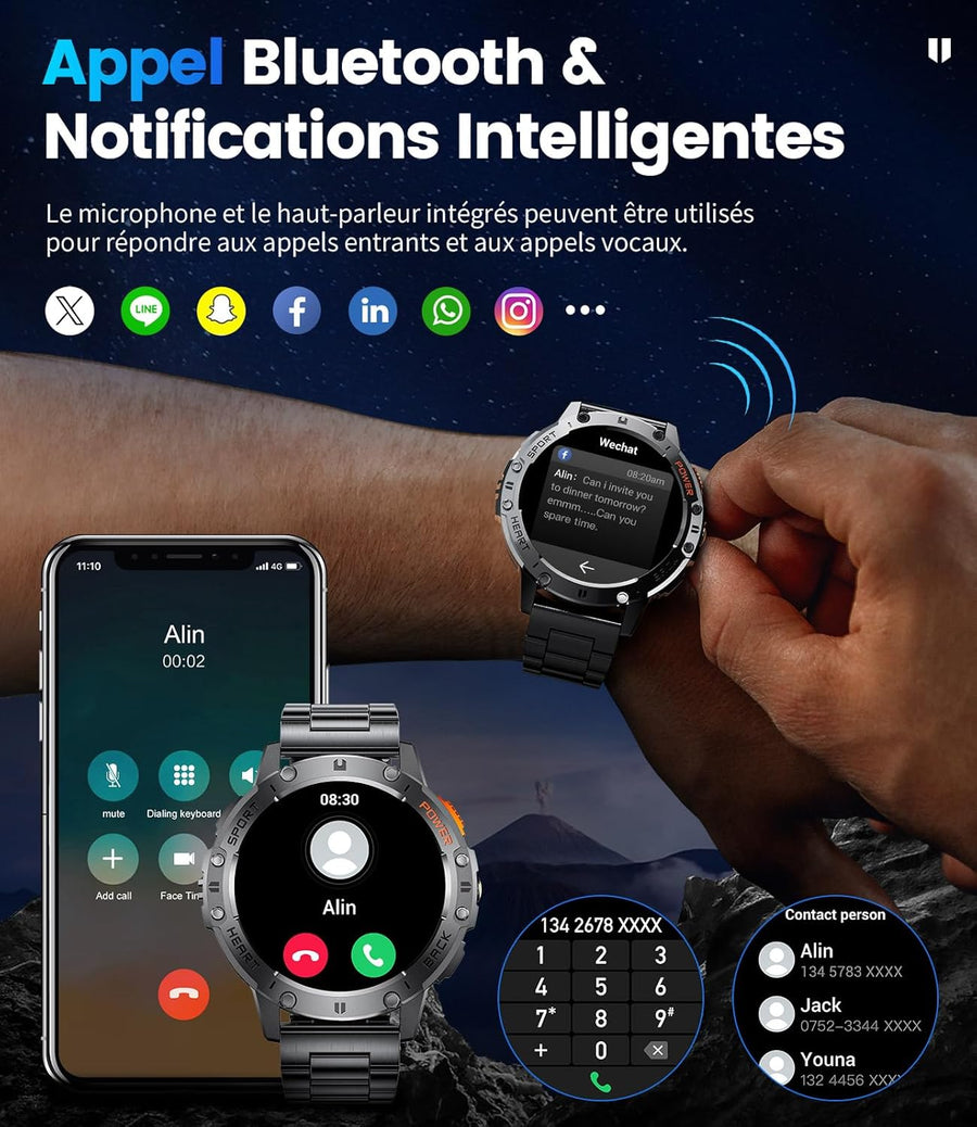 Montre Connectée Homme avec Appels Bluetooth/530 mAh, 1,43" HD AMOLED Smartwatch Homme avec 120+ Modes Sportifs/Moniteur de Fréquence Cardiaque/Sommeil/SpO2, IP68 Étanche Podomètre Android iOS