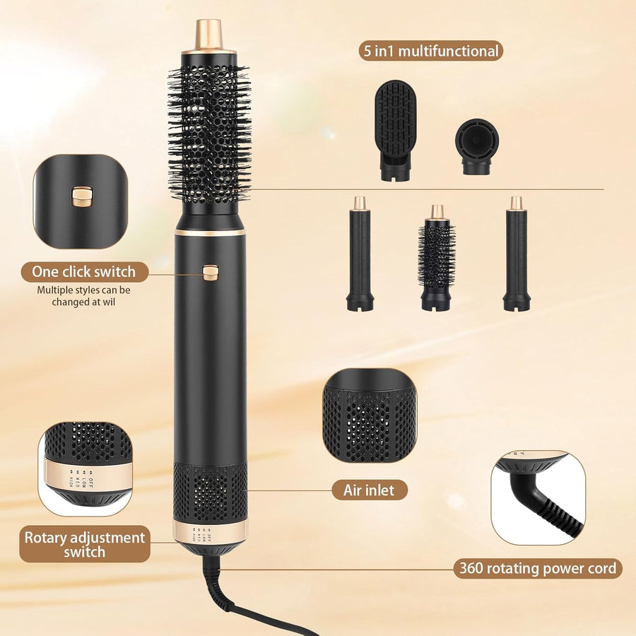 Brosse Soufflante, Airbrush 5 en 1 Air Styler Seche Cheveux 1000W Mulit Air Brush Set, 110000 tr/min Sèche-Cheveux Hair Boucleur à Cheveux Automatique, 3 Vent-Température Sécher, Boucler, Lissante
