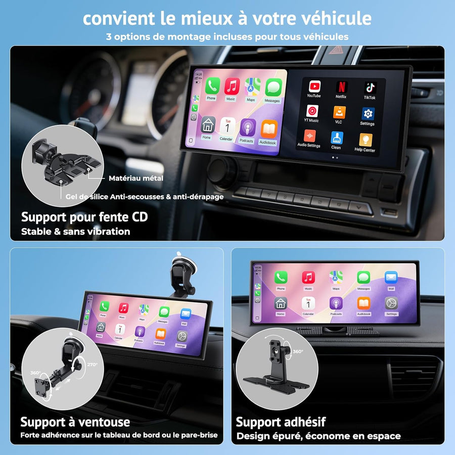 Écran CarPlay sans Fil 11,26",CarPlay & Android Auto Portable,Caméra de Recul 1080P,Fonction d'écran partagé,Double Bluetooth,Navigation GPS,Commande Vocale,12-24V