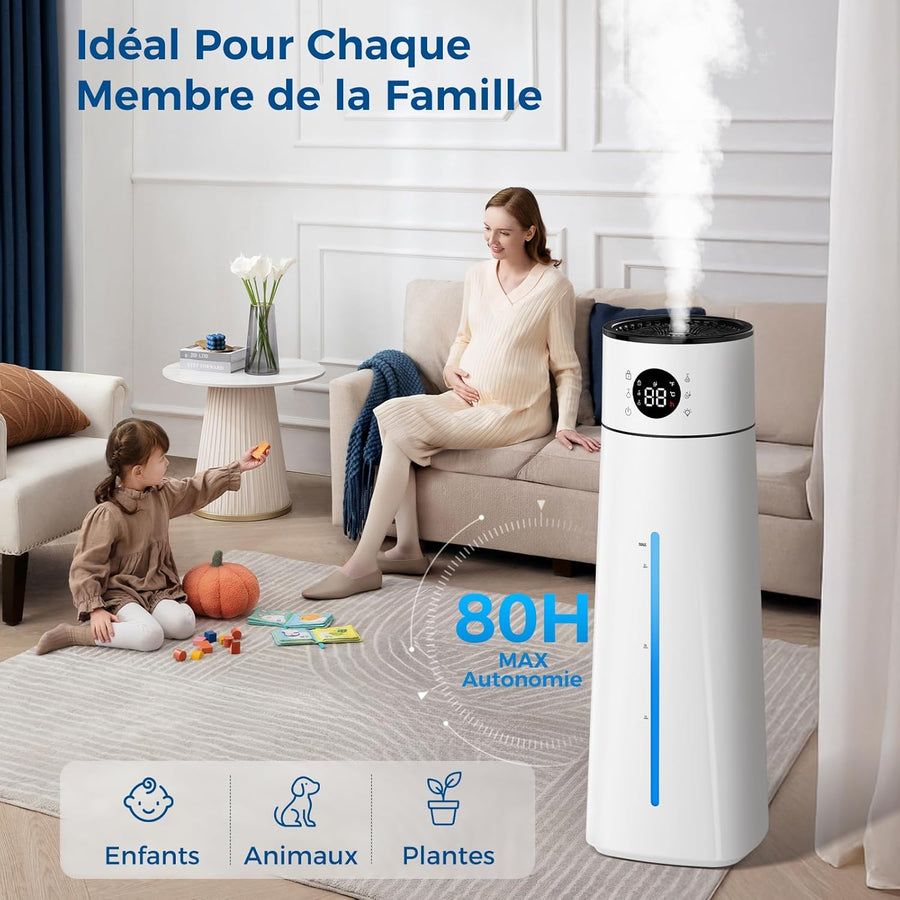Humidificateur d'Air, 8L Top Fill Humidificateur d'air Chambre Avec Télécommande, Minuterie, Contrôle Intelligent de l'Humidité, Veilleuse, 80H