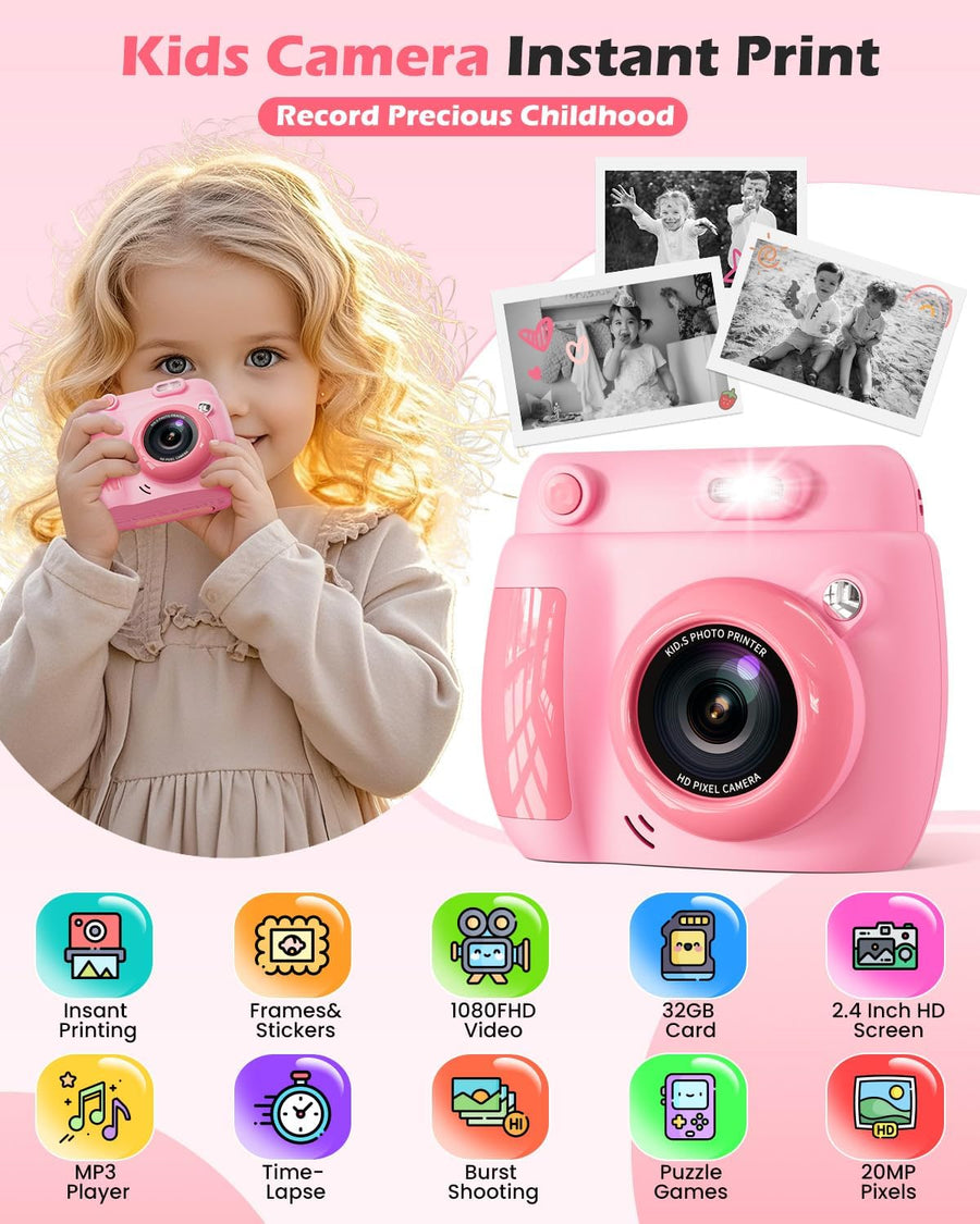 Appareil Photo Instantané Enfant – Cadeau Noël & Anniversaire pour Garçons Filles 3-10 Ans, Jouet Éducatif avec Vidéo 1080P, 20MP, 3 Rouleaux Papier & Carte Mémoire 32GB