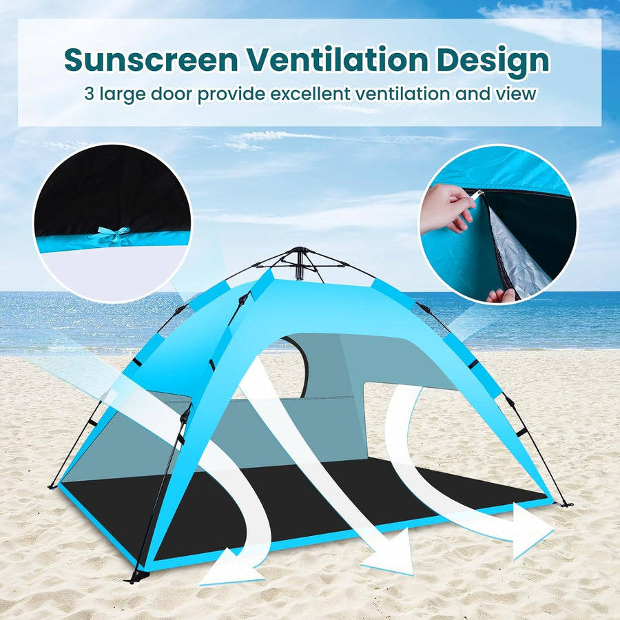 Tente de plage instantanée automatique Quick Up avec véranda extensible 3, protection UV 50+ contre le vent pour la plage, la famille, le jardin, le camping - Bleu