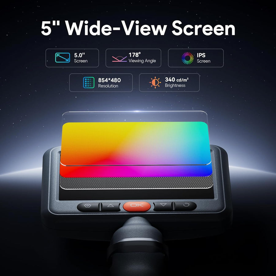 Endoscope 210° Bidirectionnelle Camera Endoscopique 5" HD 1080P Sonde 6.2mm 6 LED Luminosité Réglable Angle 78° Carte 32Go Flexible 1.5m IP67 Pour Inspection Auto Egouts Plomberie