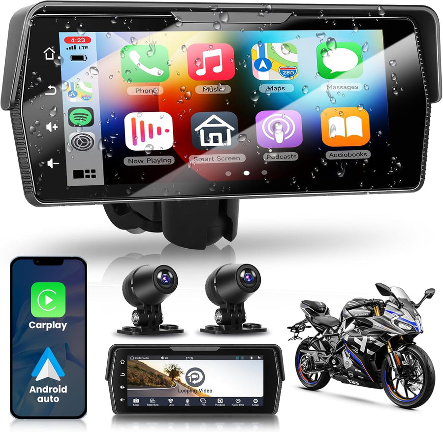 Écran CarPlay pour Moto avec 2 caméras, Enregistrement en Boucle, CarPlay sans Fil et Android Auto, enregistreur de Conduite écran Tactile Portable Bluetooth de 6,86 Pouces, Navigation/Siri