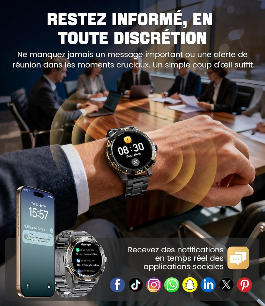 Montre Connectée Homme avec 800 mAh/Torche LED pour Android iOS, Écran 1,43'' AMOLED HD Smartwatch avec Appel Bluetooth/200+ Modes Sportifs, Moniteur de Fréquence Cardiaque/Sommeil, Étanche IP68