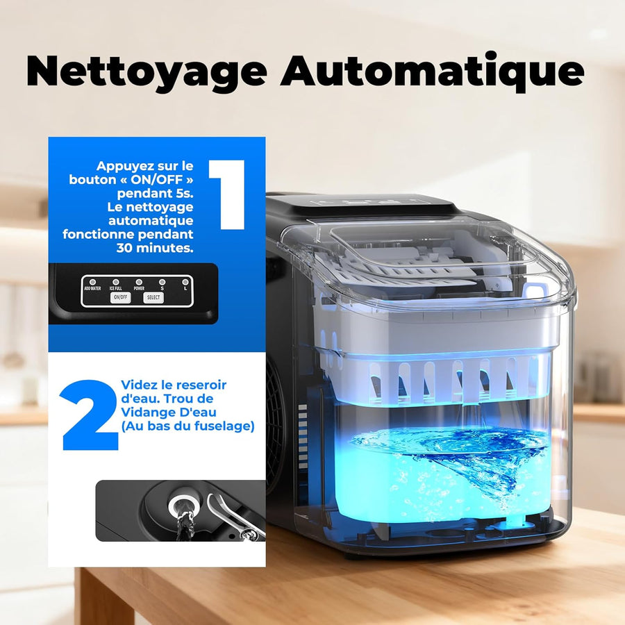Machine à Glaçons, 12kg en 24h, Portable Machine a Glacons avec Cuillère à Glace, 8 Glaçons en 6-8 Minutes, Autonettoyante