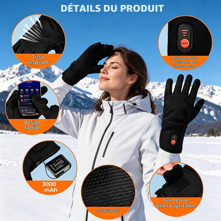 Gant Chauffants Taille L Rechargeables 7,4 V 22,2 Wh Gants chauffants, chauffage rapide, écran tactile pour la conduite, ski, camping et la randonnée