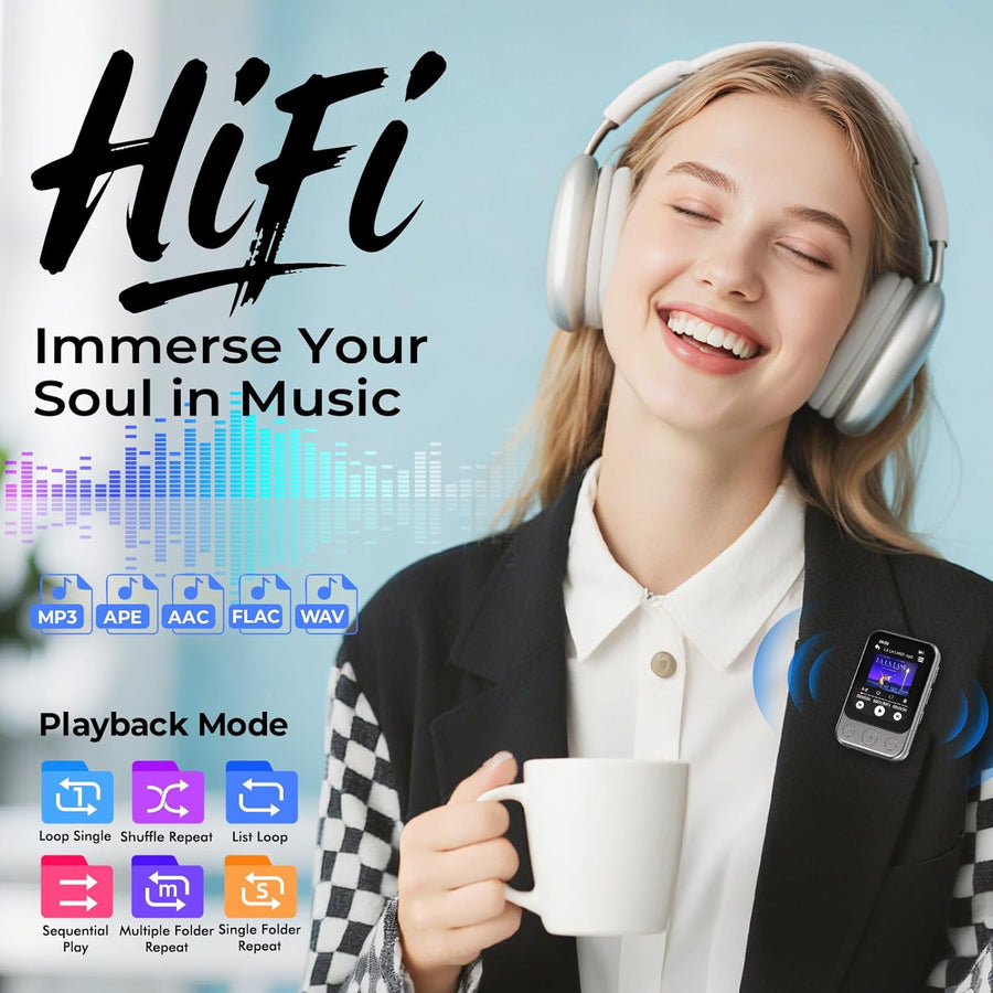Lecteur MP3 64GB Bluetooth 5.3 avec Clip & Haut-Parleur, Lecteur de Musique Sport avec Écran Tactile et Boutons, Contrôle de Volume Indépendant, Radio FM, Extensible jusqu'à 128GB