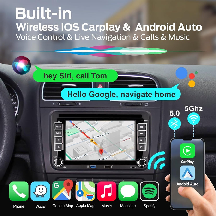 Autoradio Linux pour VW Golf 5 6/Polo,Radio VW avec CarPlay & Android Auto sans Fil Intégrés,Écran 7" pour VW Compatible Commandes au Volant d'origine,AM/FM/RDS,Bluetooth,DSP