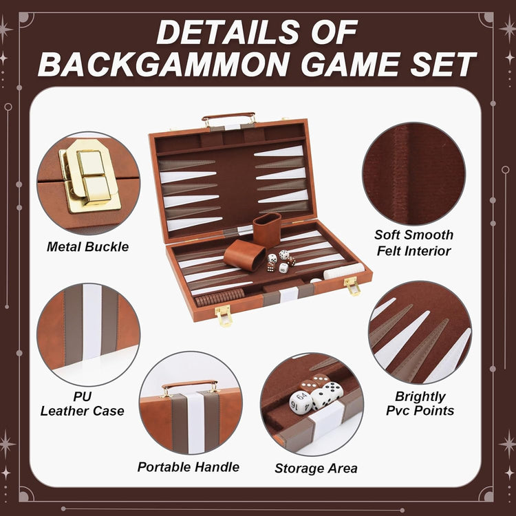 Ensemble Backgammon Jeu de Société Classique Etui en Cuir Qualité Supérieure Jeu Portable pour Voyage