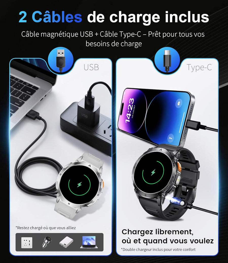 Montre Connectée Homme avec 1.62'' AMOLED Écran/LED Lampe/730mAh Batterie,Smartwatch Homme avec 100+ Modes Sportifs,24/7 Moniteur de Fréquence Cardiaque et Sommeil pour Android iOS