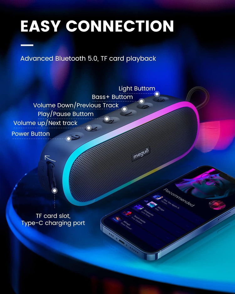 Enceinte Bluetooth Sans Fil 20W Portable Étanche IPX7 Basse Lecture 24H Stéréo 360° NOIR RGB