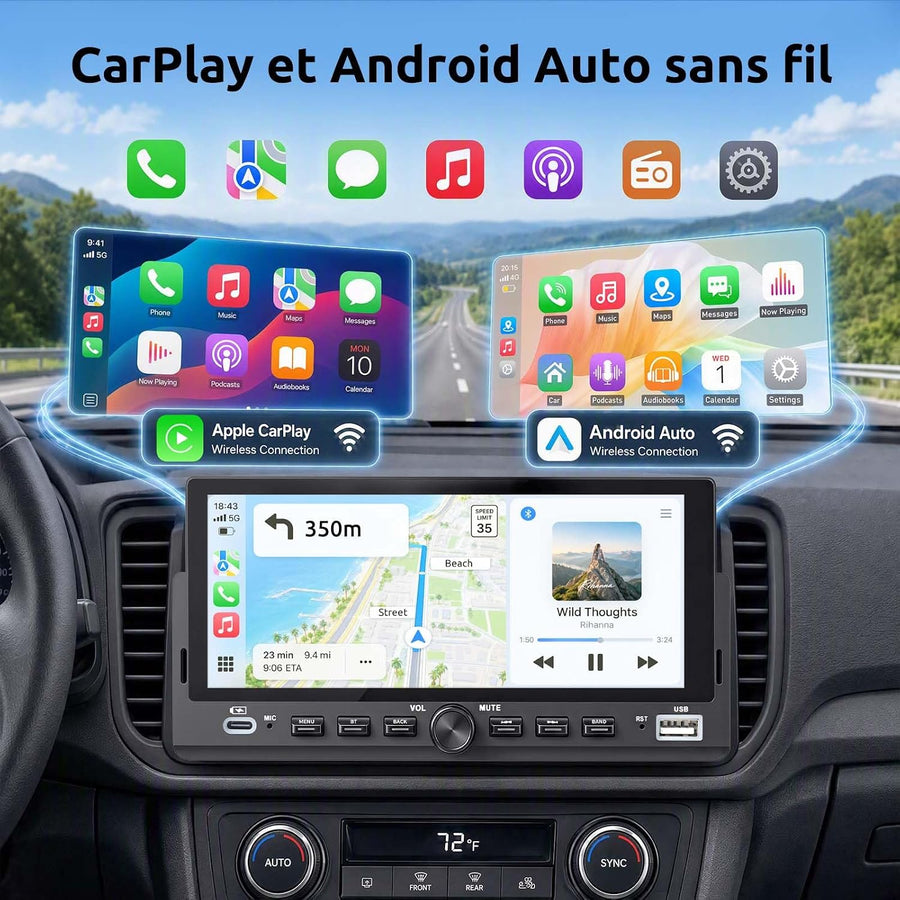 Ecran CarPlay Autoradio 1 DIN 6,86" InCell, Android Auto sans Fil Trajets et Voyages Stationnement Facile Caméra 12 LED Touches Piano Bluetooth 5.0 FM Commandes Volant Type-C 4×45 W