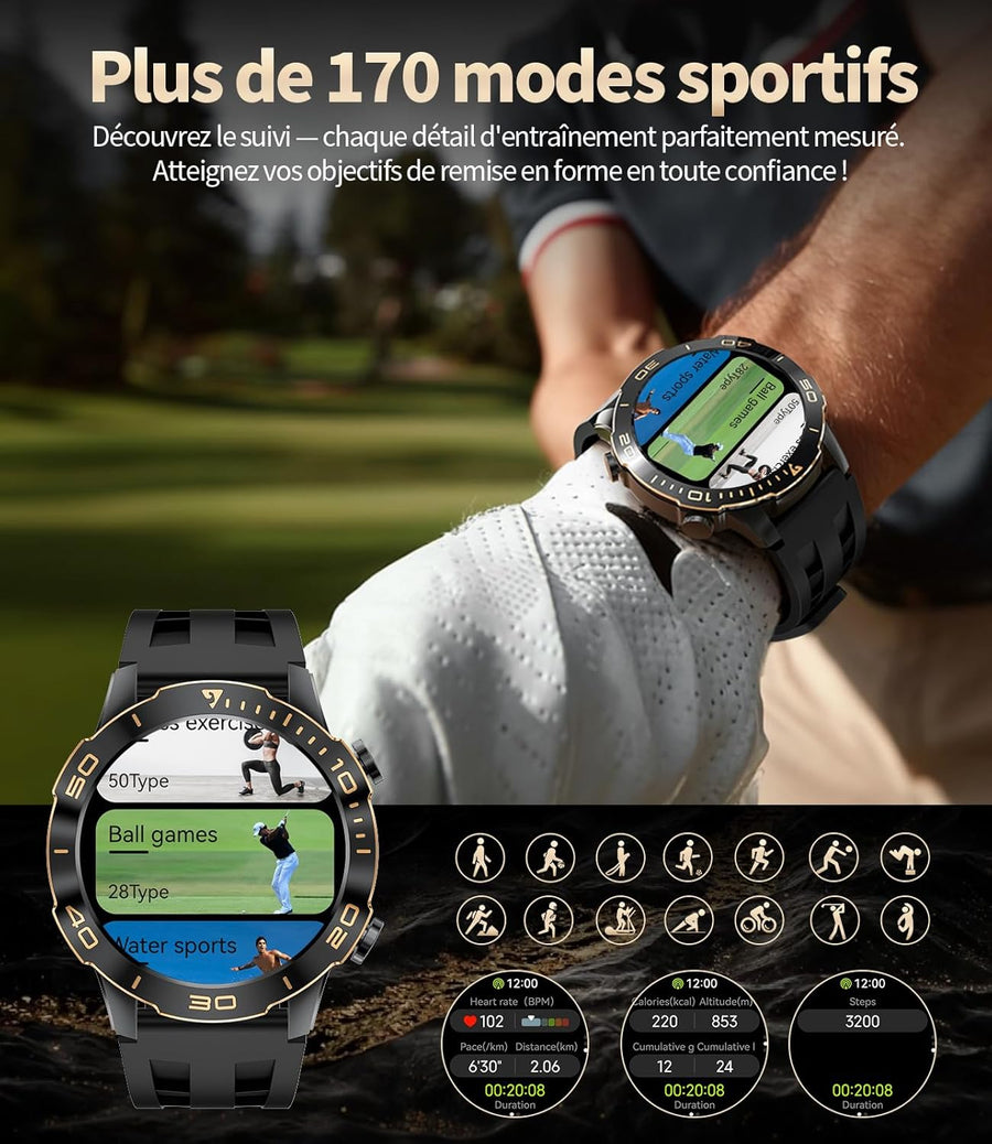 Montre Connectée Homme Militaire,1.43‘’ Grand Écran avec Appels/500mAh Longue Autonomie Batterie/Lampe de Poche/IP68 Étanche Fréquence Cardiaque/Pédomètre,2 Bracelet Smartwatch pour Android iOS