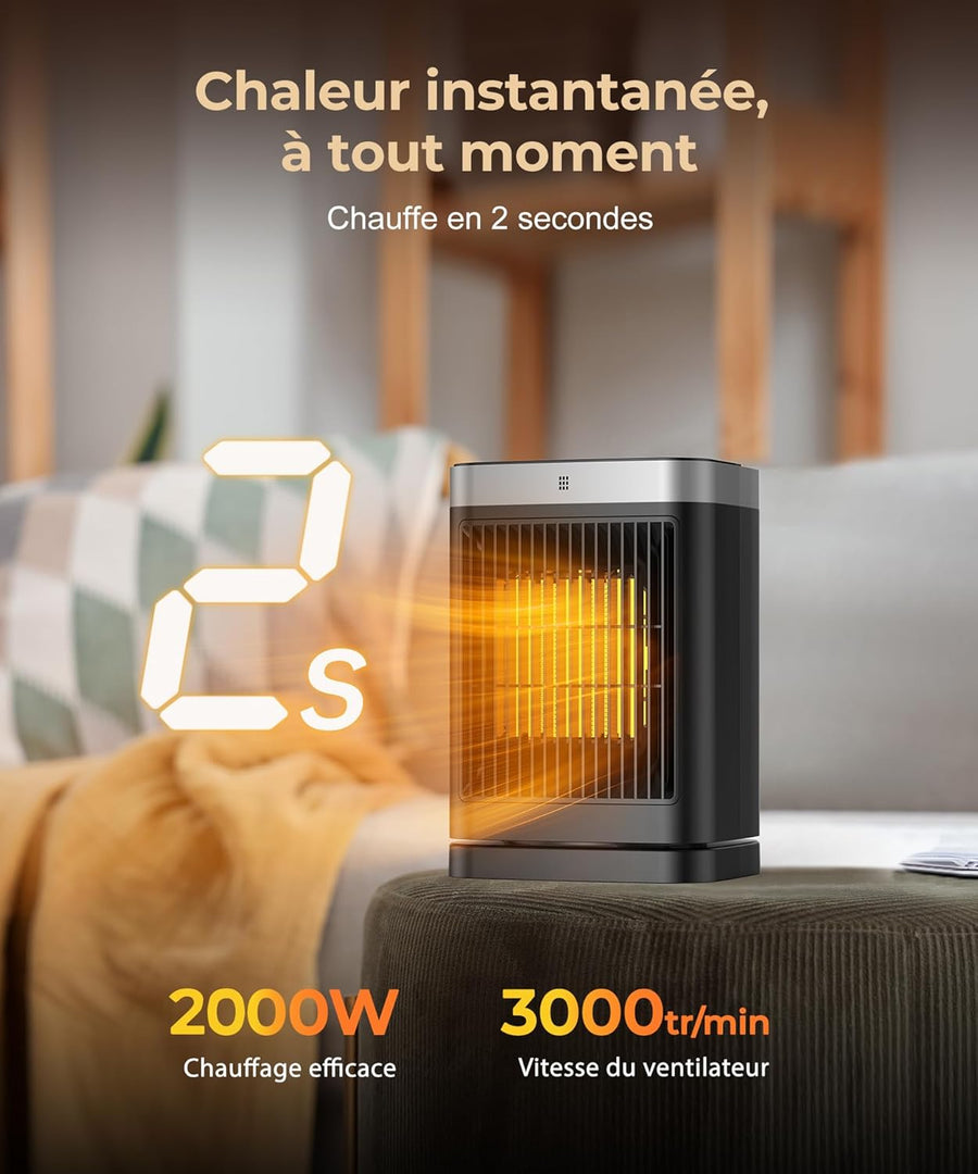 Chauffage d'appoint, 2000W PTC Chauffage Electrique, Télécommande, 3 Modes, Protection Surchauffe & Basculement, Minuterie 12H, 70°Oscillation, Radiateur Soufflant