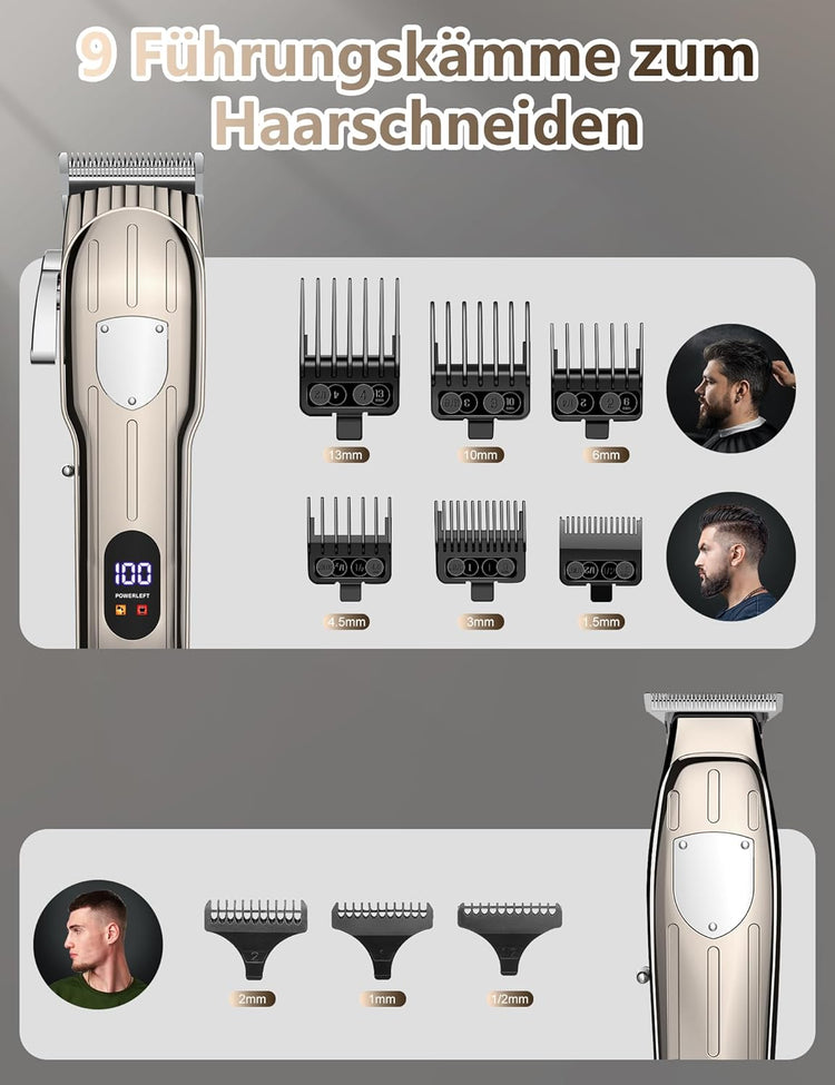 Tondeuse à Cheveux Hommes avec Écran LED Tête de Coupe en T Tondeuse à Barbe sans Fil Kit de Tondeuse à Cheveux 9 Accessoires de Peigne Chargement USB