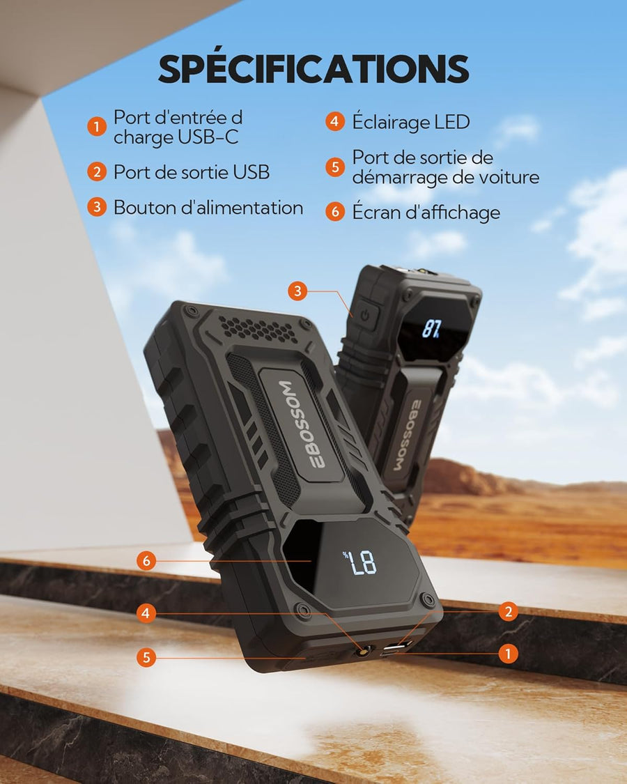 Booster Batterie Voiture, 12000mAh Démarreur de Voiture et Moto Portable, 12V Jump Starter avec Câbles de Démarrage Intelligents, Lumière LED Kit d'urgence pour Véhicules Chargeur de Secours