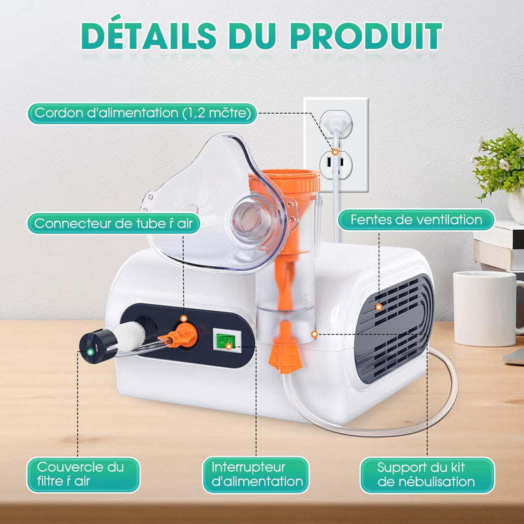 Nébulisateur Adultes Enfants Inhalateur avec Embout Buccal 2 Masques Aérosol Compact Traitement Respiratoire