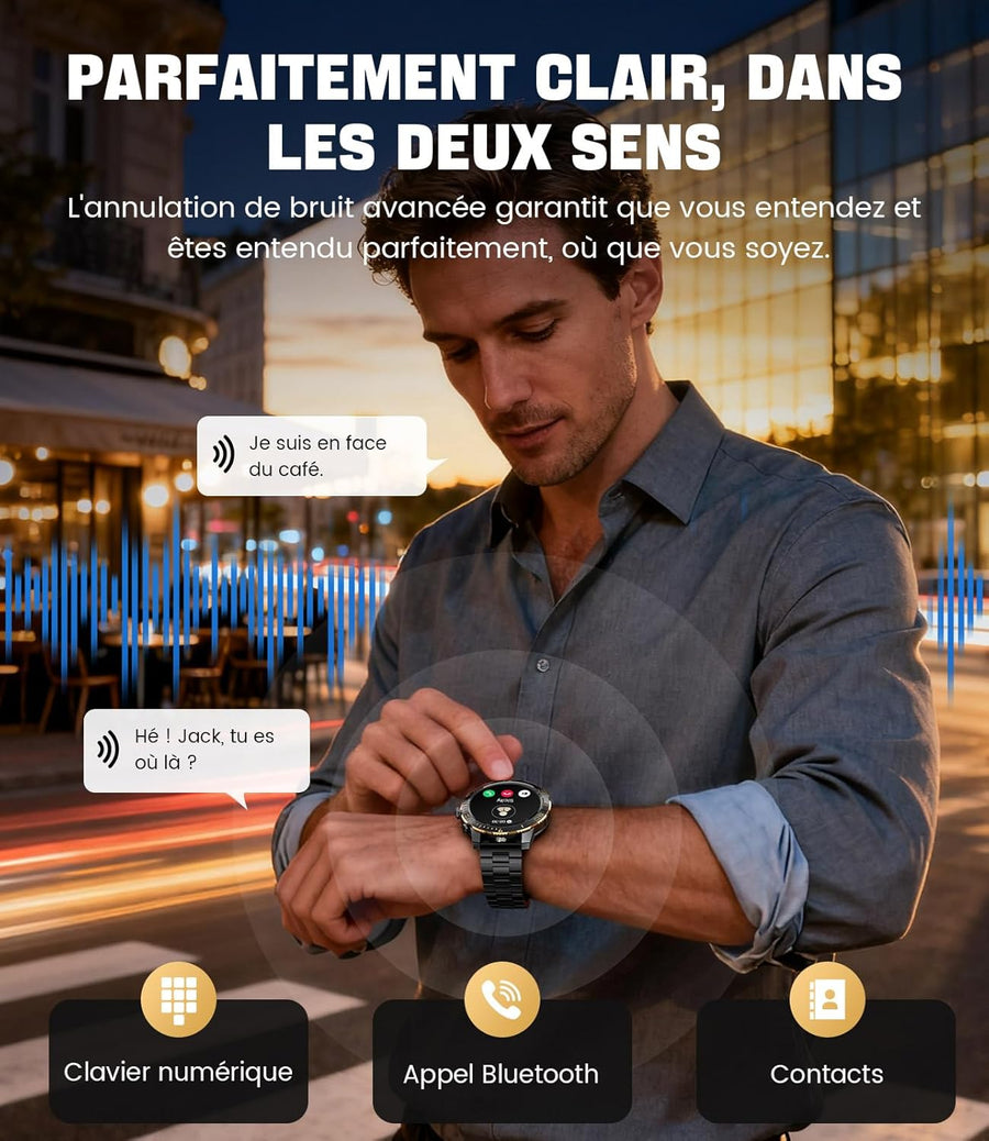 Montre Connectée Homme avec 800 mAh/Torche LED pour Android iOS, Écran 1,43'' AMOLED HD Smartwatch avec Appel Bluetooth/200+ Modes Sportifs, Moniteur de Fréquence Cardiaque/Sommeil, Étanche IP68