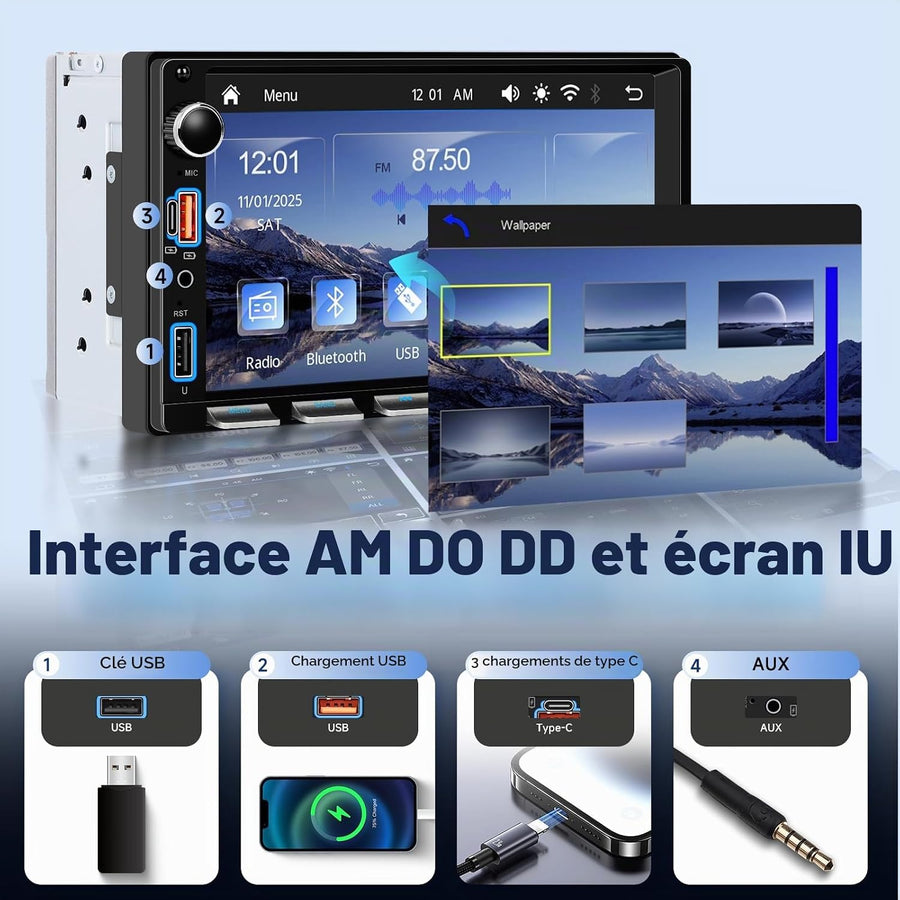 Ecran 2Din Autoradio avec Carplay sans Fil Android Auto, 7 Pouces Touches Piano 2 Din Écran Tactile Radio Voiture avec Bluetooth, Radio FM, EQ, Vidéo en Ligne, Mirror Link, USB/AUX/Type-C, SWC