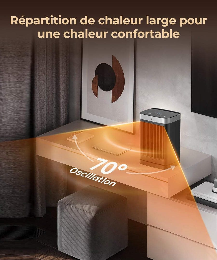 Chauffage d'appoint, 2000W PTC Chauffage Electrique, Télécommande, 3 Modes, Protection Surchauffe & Basculement, Minuterie 12H, 70°Oscillation, Radiateur Soufflant