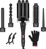 Boucleur Cheveux 5 en 1 & Fer à Boucler Céramique - 5 Embouts Interchangeables (Waver Ondulations, Boucles Serrées, Volume) - Écran LCD 180-210°C - Gant & Clips Inclus