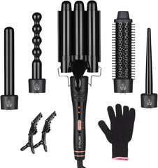 Boucleur Cheveux 5 en 1 & Fer à Boucler Céramique - 5 Embouts Interchangeables (Waver Ondulations, Boucles Serrées, Volume) - Écran LCD 180-210°C - Gant & Clips Inclus