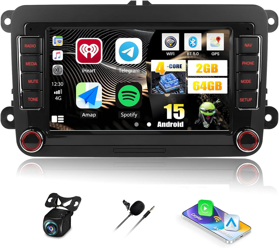 Autoradio Carplay Android 15 2G+64G pour VW Golf 5 6 Polo 5 T5 Skoda Passat B6 B7 Seat, Nav sans Fil Android Auto, 7" Radio pour Golf 5 WiFi Bluetooth Lien Miroir FM/RDS +Caméra de Recul