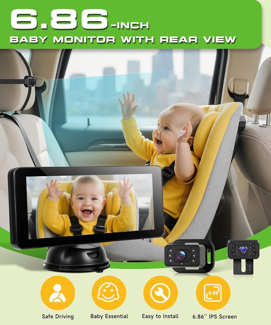Double caméra de voiture pour bébé enfants avec écran partagé de 6,86 pouces HD 720P avec caméra de recul,vision nocturne 360°,caméra de sécurité pour siège de voiture,support à ventouse