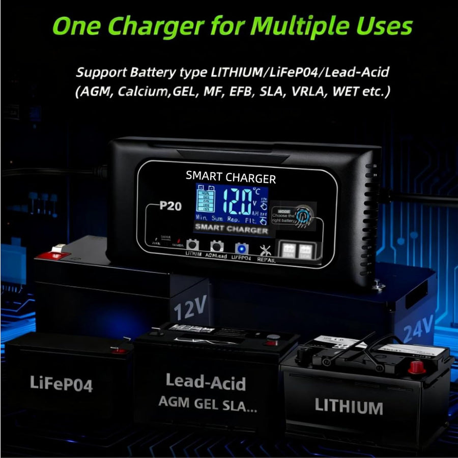 Chargeur et mainteneur de Batterie Intelligent 12V/24V 20A, Chargeur P20 4 Modes Lithium/AGM/Plomb-Acide/LiFePO4 avec écran LCD et réparation par impulsions, pour Voitures, Motos et Bateaux
