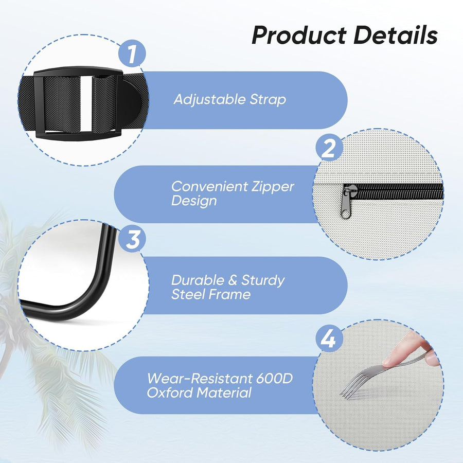 Matelas de plage pliable avec dossier réglable, transportable avec sangle de transport, coussin et sac de rangement, chaise longue résistante pour la plage, le jardin et la terrasse