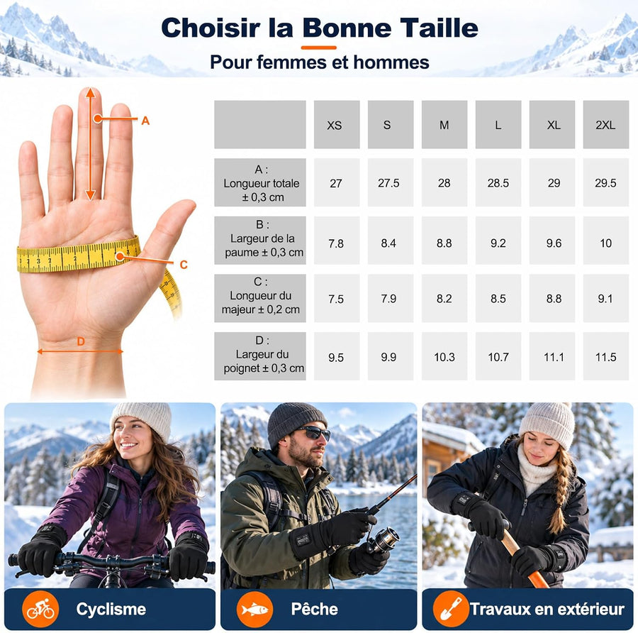 Gants Chauffants Fins Homme Femme Taille L, 2200mAh, LED, Tactile Hiver Gants fins batterie 7,4V, 3 niveaux 40–65°C LED, chauffe 5 doigts + paume + dos, tactile pour ski, vélo, moto, randonnée
